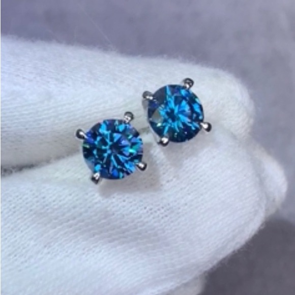 Genuine ~ Certified 2 Carat Bright Blue Diamond 18k White Gold Stud Earrings - Picture 8 of 16
